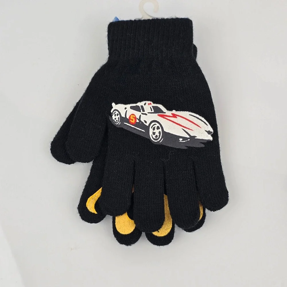 Speed Racer Kid Small Adult Knit Stretch Gloves Mach 5 Race Car Flame Black VTG